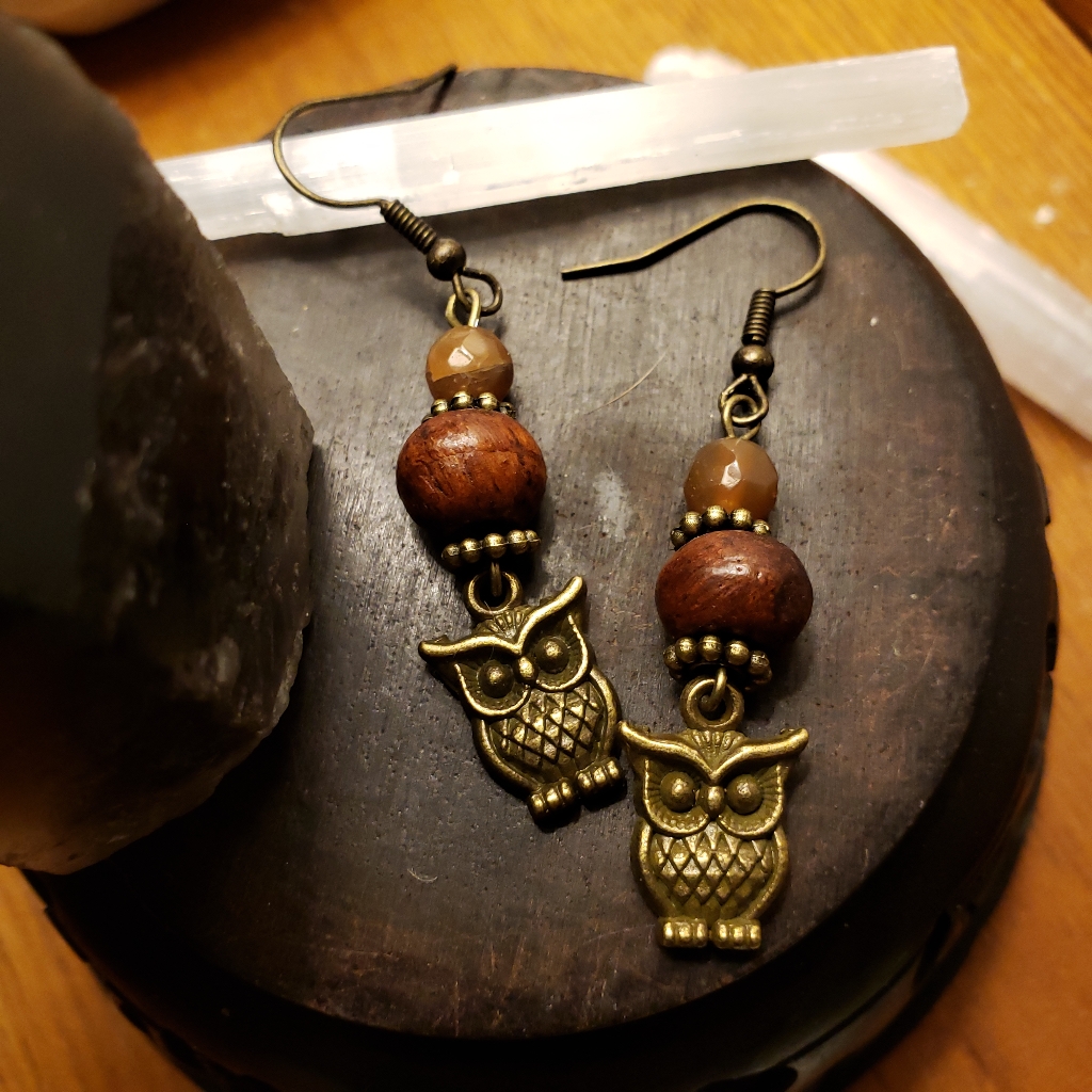 Rustic Citrine Quartz Earrings W Antique Wood Beads Bronze Owls Charms 14$